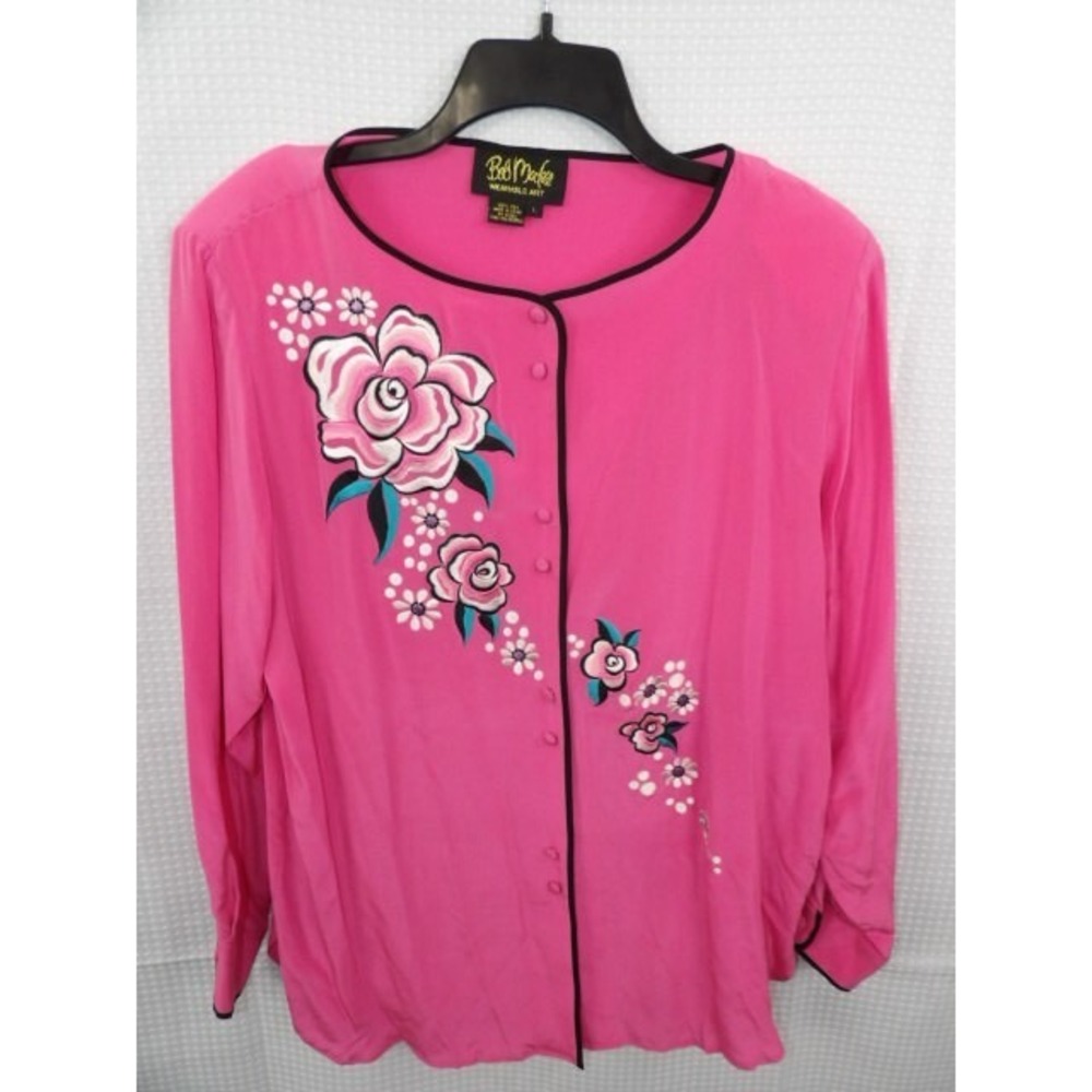Bob Mackie Pink Silk Long Sleeve Blouse with Embroidery NWT Size Large